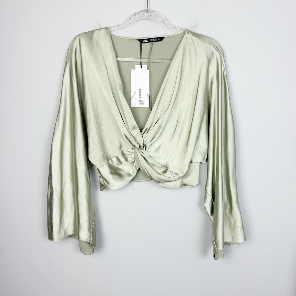 ZARA | NEW Sage Green Twist Front Cropped Bell Sleeve Top Women’s Size Large - Picture 3 of 12